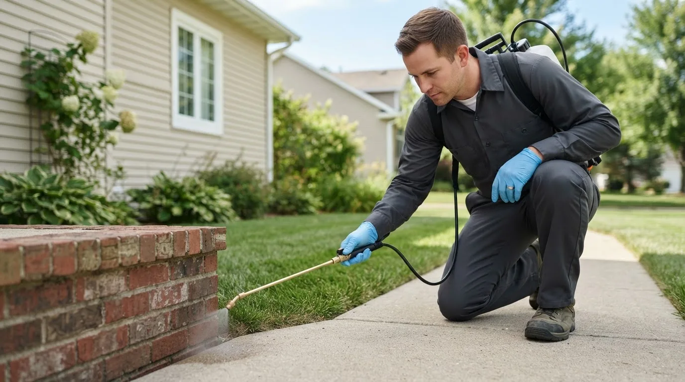 Pest control technician treating a home near Kensal, ND