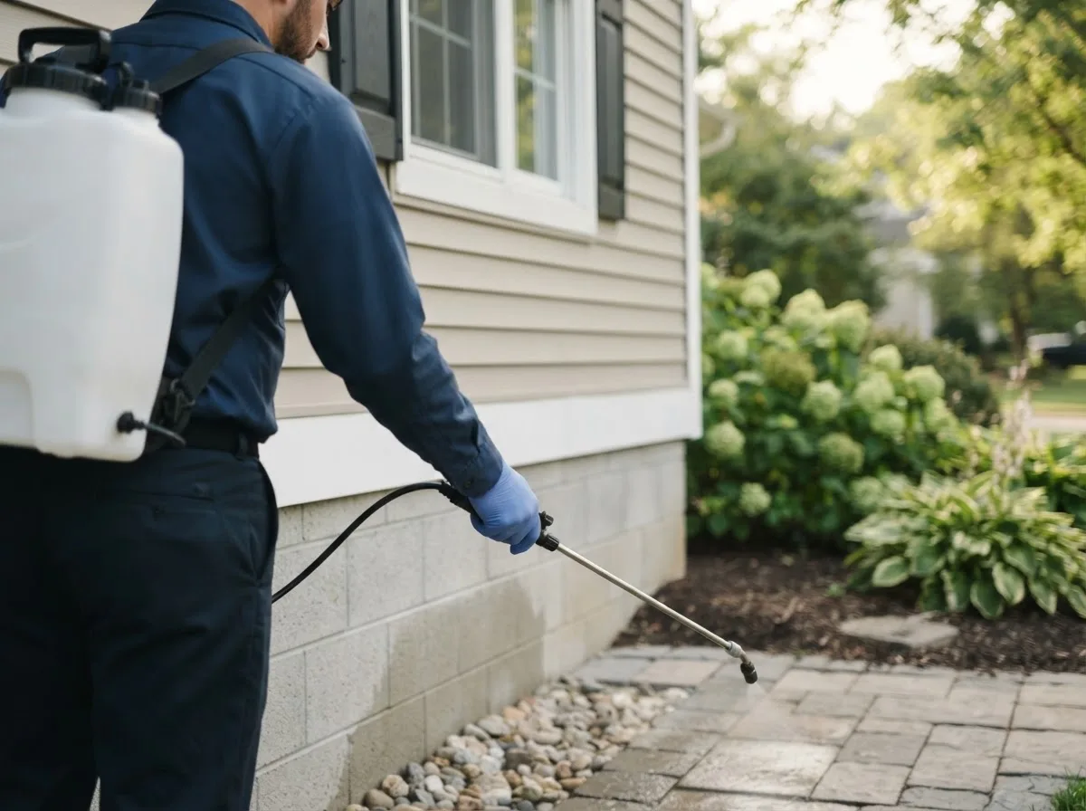 Pest control technician inspecting a home in Kensal, ND